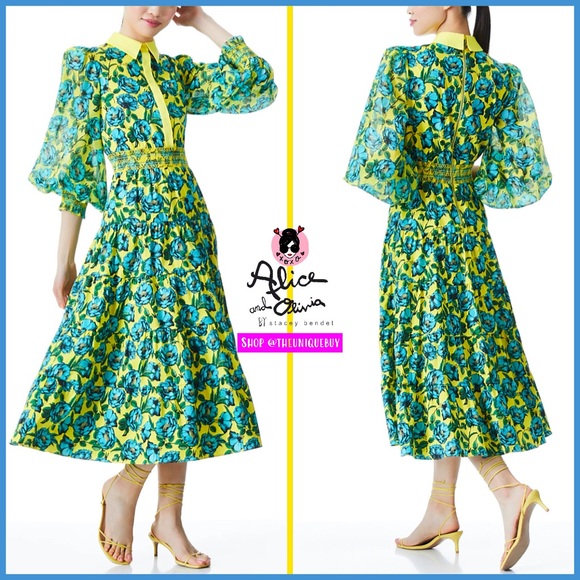 Alice + Olivia Anaya Yellow Multi Floral Collared Midi Dress - Picture 4 of 16